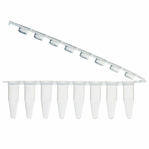 Globe Scientific 0.2mL 8-Strip Tubes, with Hinged Attached 8-Strip Clear Flat Caps, Natural, 125PK PCR-STR-02F-ZIP